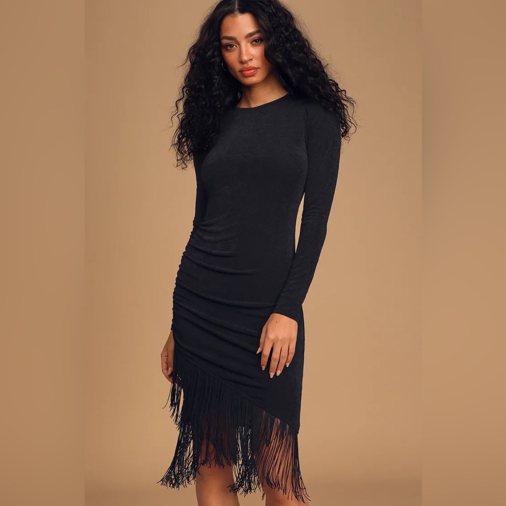 Lulu’s Out For the Evening Black Fringe Long Sleeve Bodycon Dress